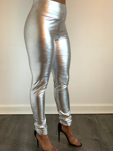 High Waist Metallic Leggings: Silver