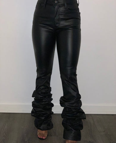 High Waist Faux Leather Ruffle Pants (Black)