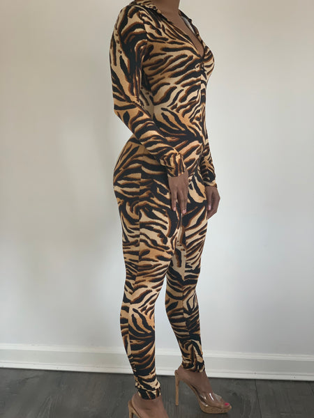 Jumpsuit: Tiger Print Gold